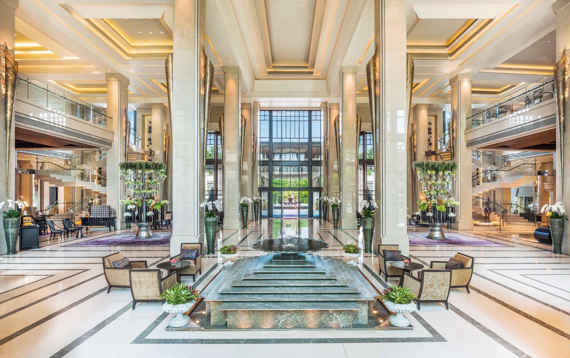 The marble lobby at Siam Kempinski Hotel Bangkok