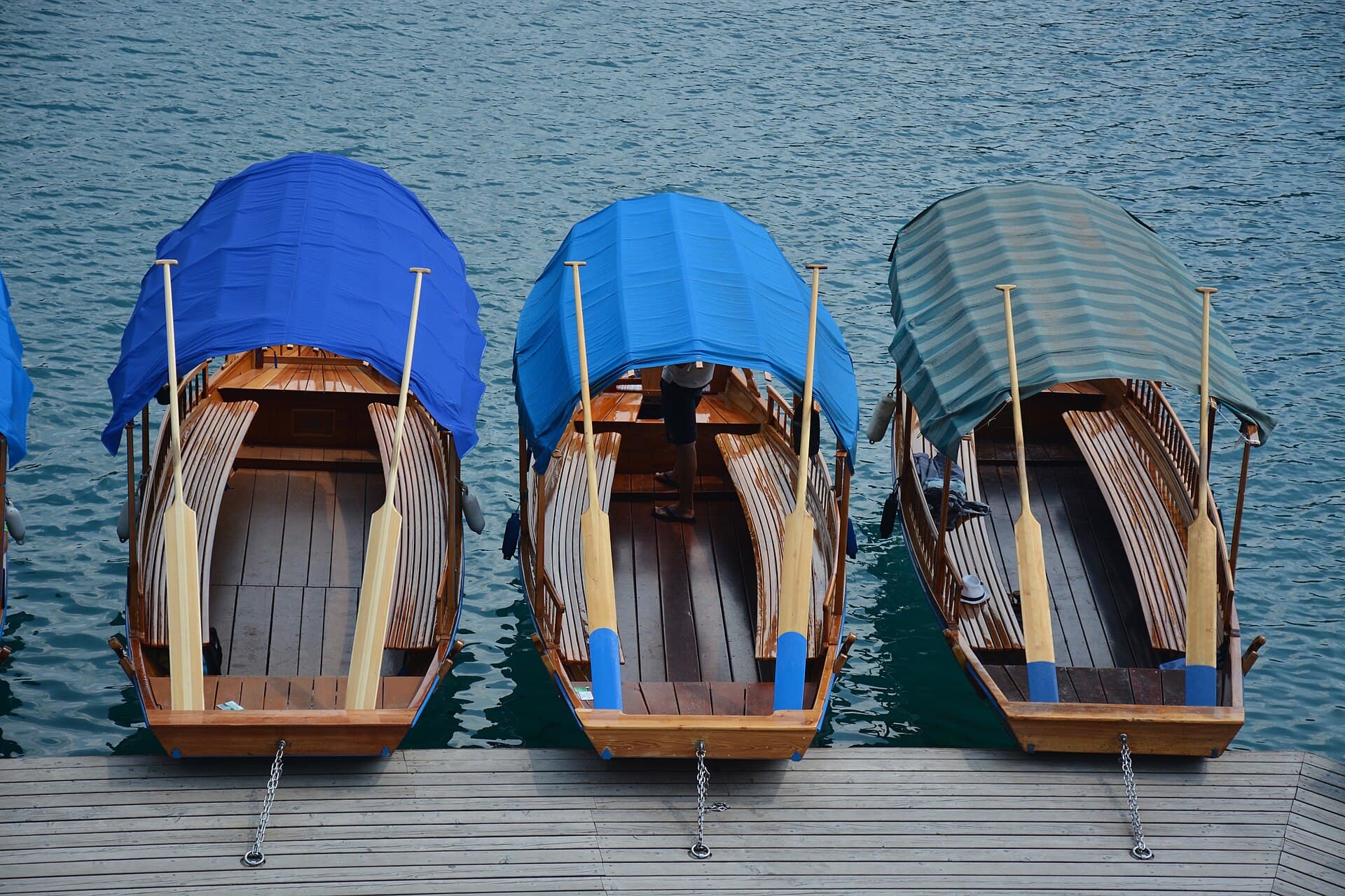 Covered pletna boats moored at Lake Bled