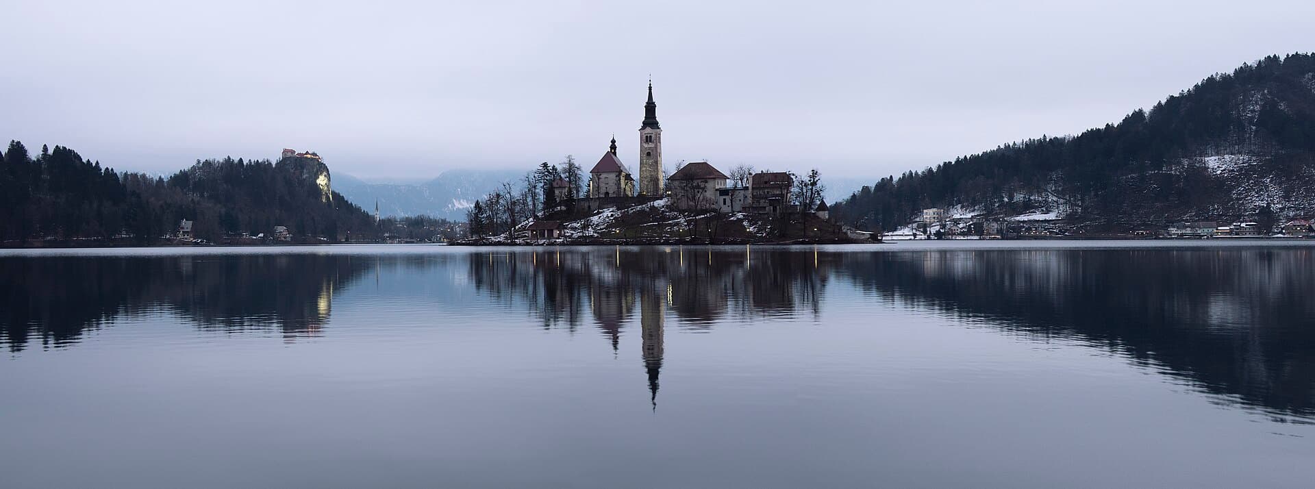 Bled Island reflected in the lake in winter
