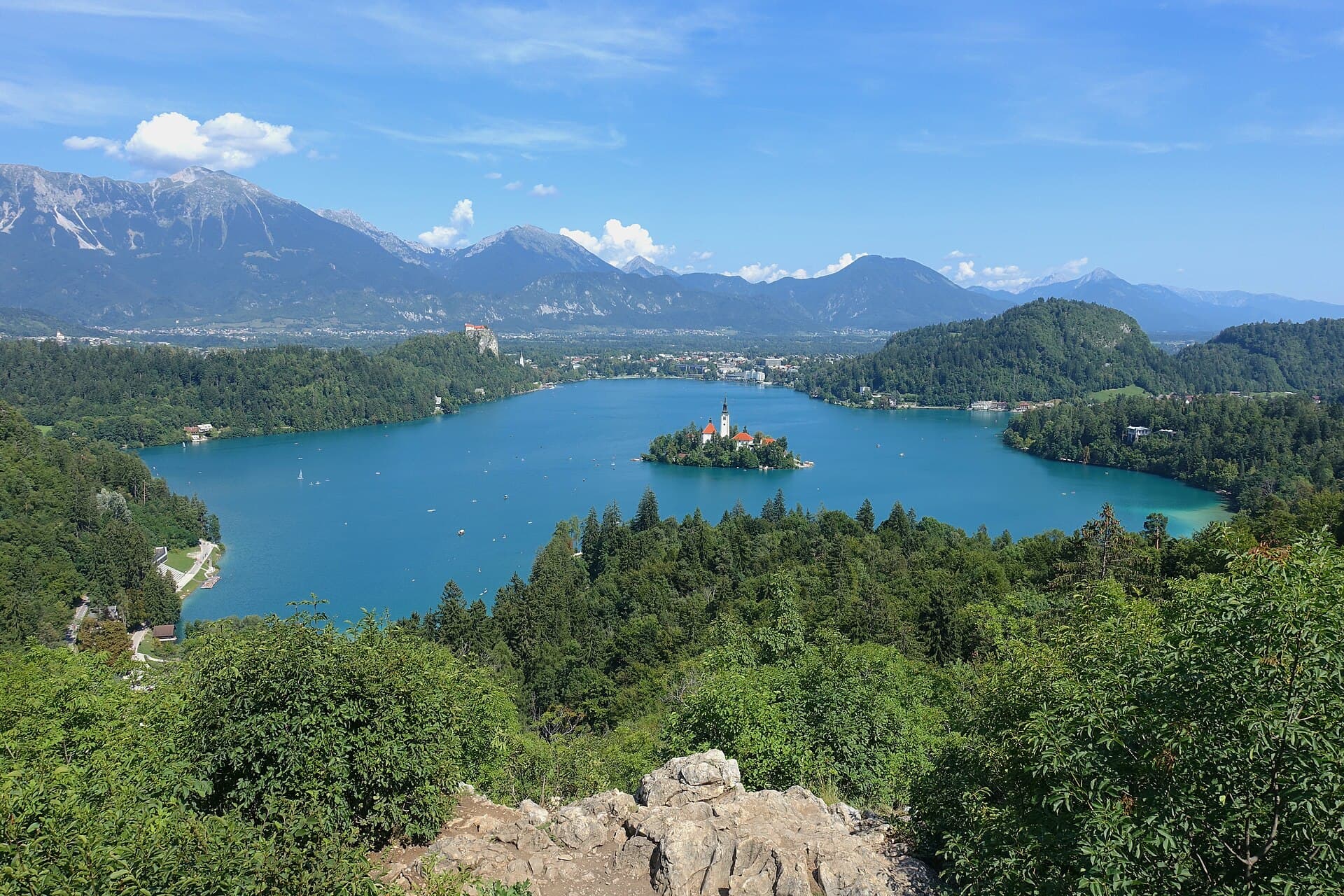 Lake Bled, its island and mountains seen from Ojstrica