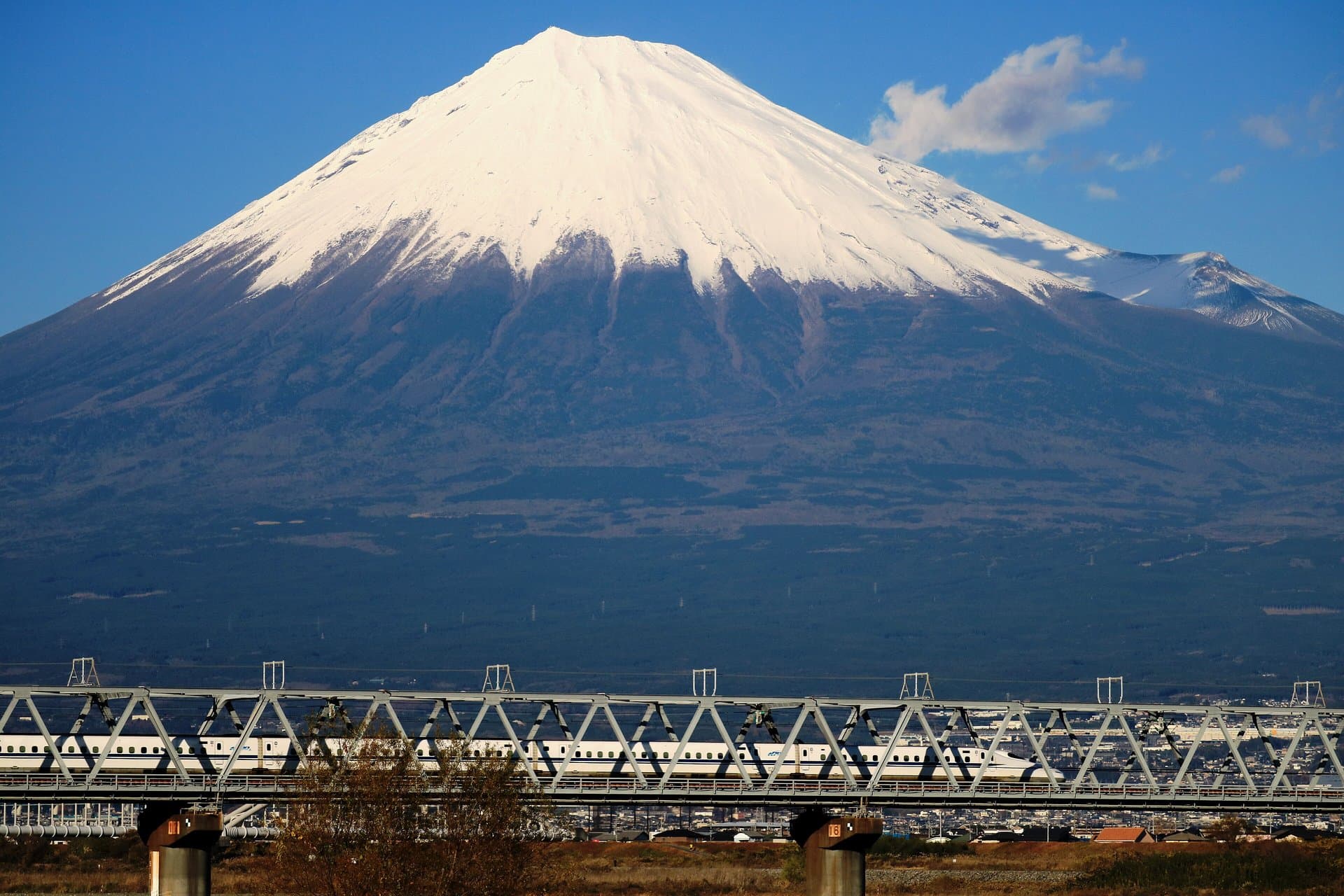 An N700 Shinkansen crossing a bridge with Mount Fuji behind