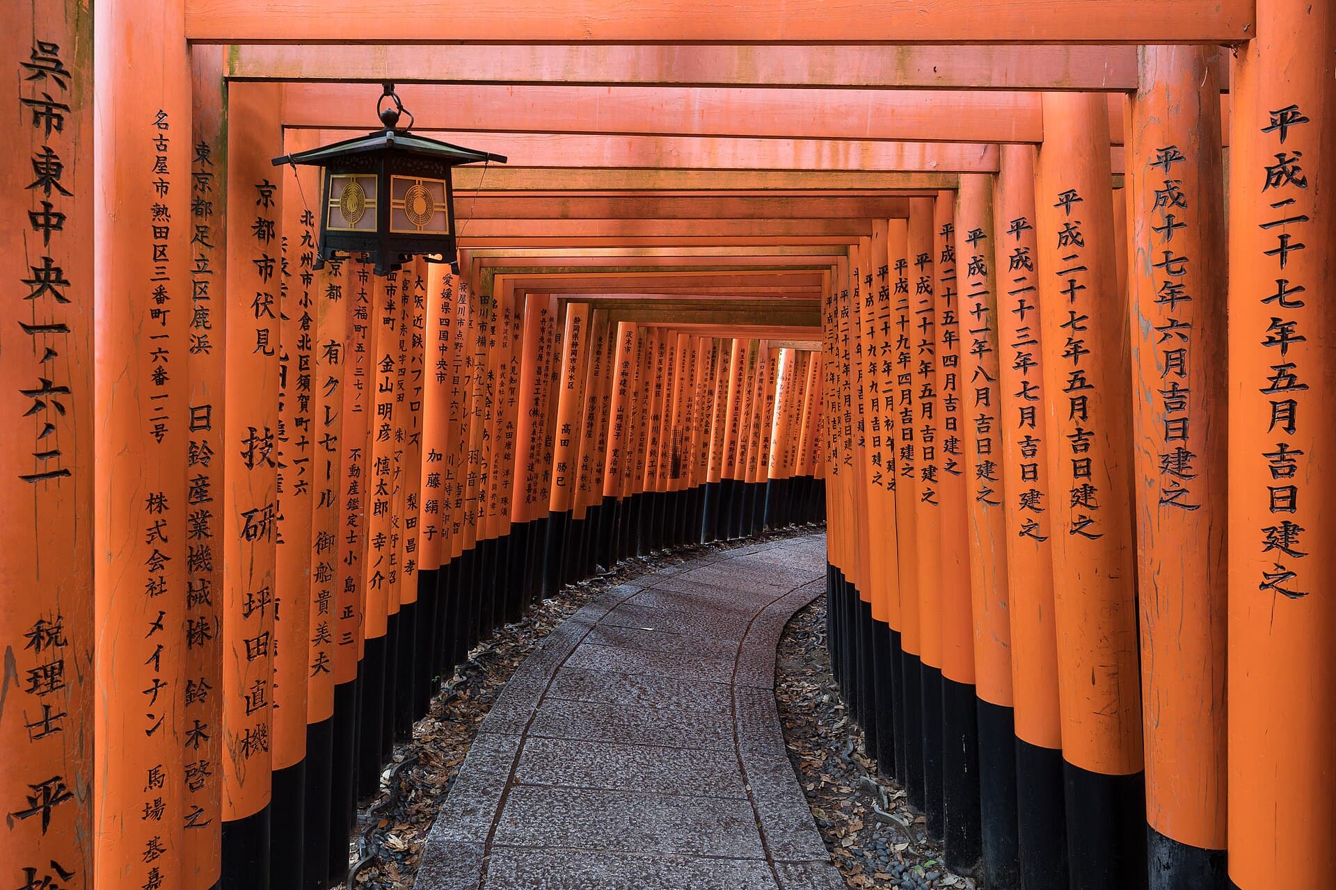 Vermilion torii gates along a path at Fushimi Inari Taisha