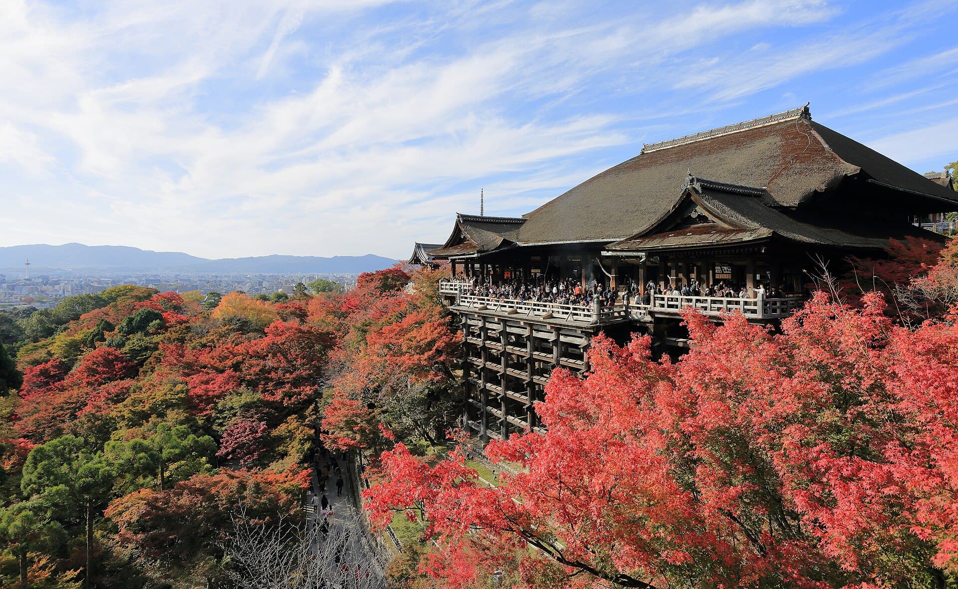 Kiyomizu-dera’s wooden hall above autumn foliage