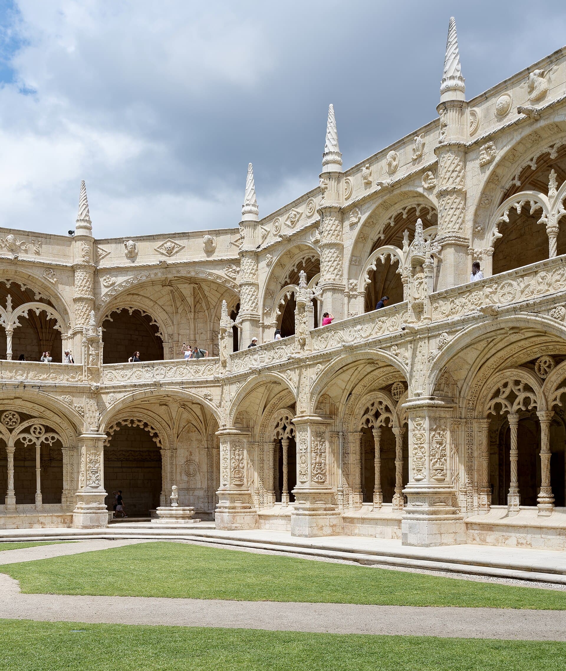Ornate stone arches in the cloister at Jeronimos Monastery