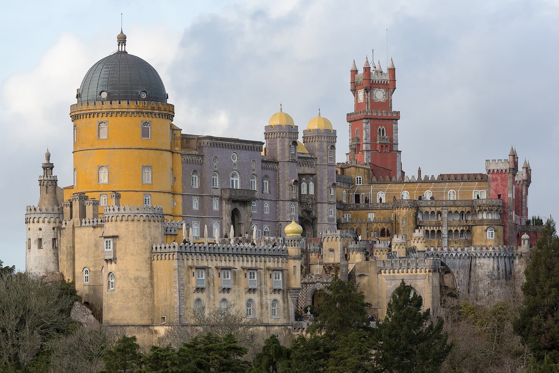 Red and yellow towers of Pena Palace in Sintra